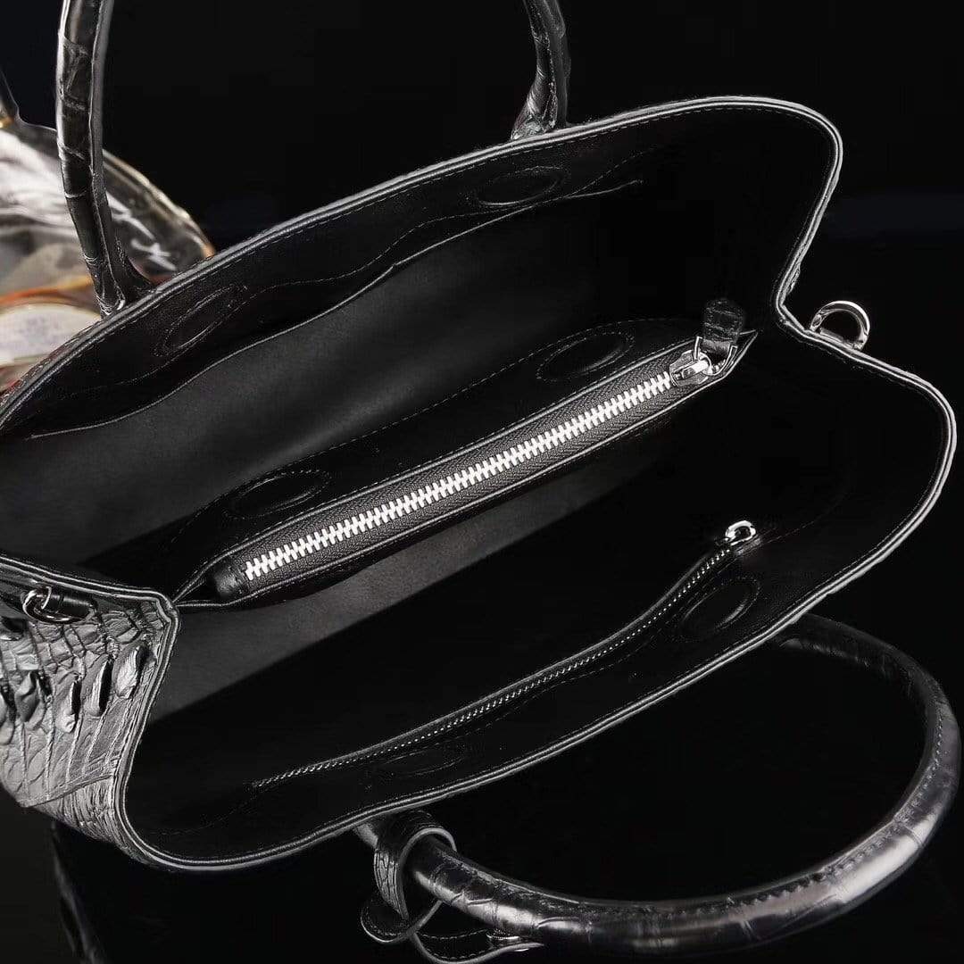 Genuine crocodile leather medium double satchel handbag by Rossie Viren, 33cm, stylish and luxurious accessory for everyday use.
