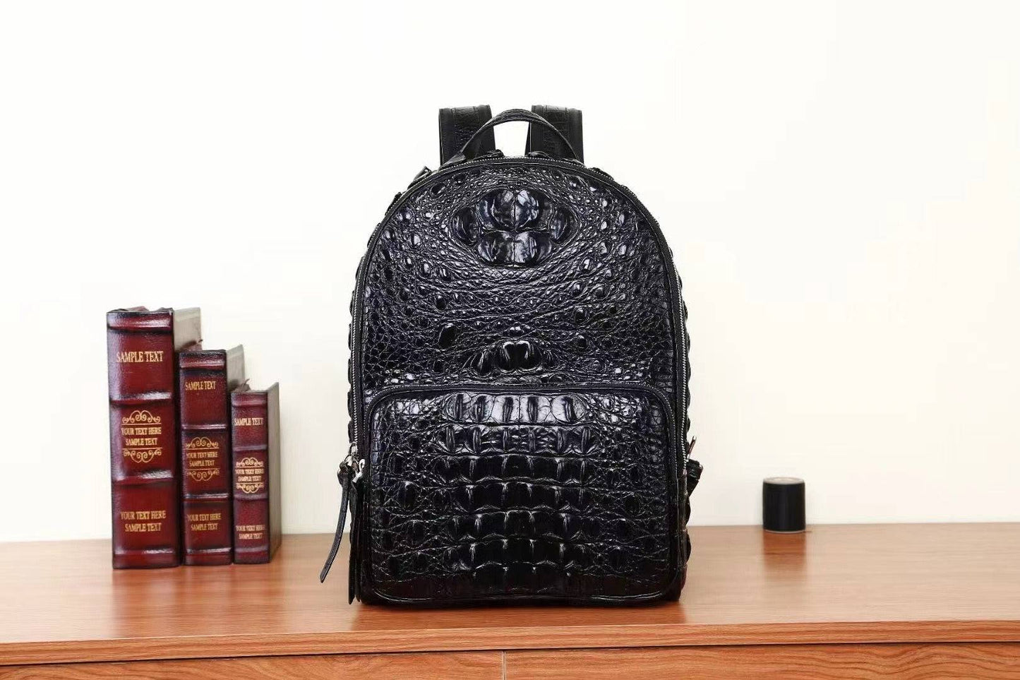 Black genuine crocodile skin leather briefcase by Rossie Viren, designed for business travel and professional use.