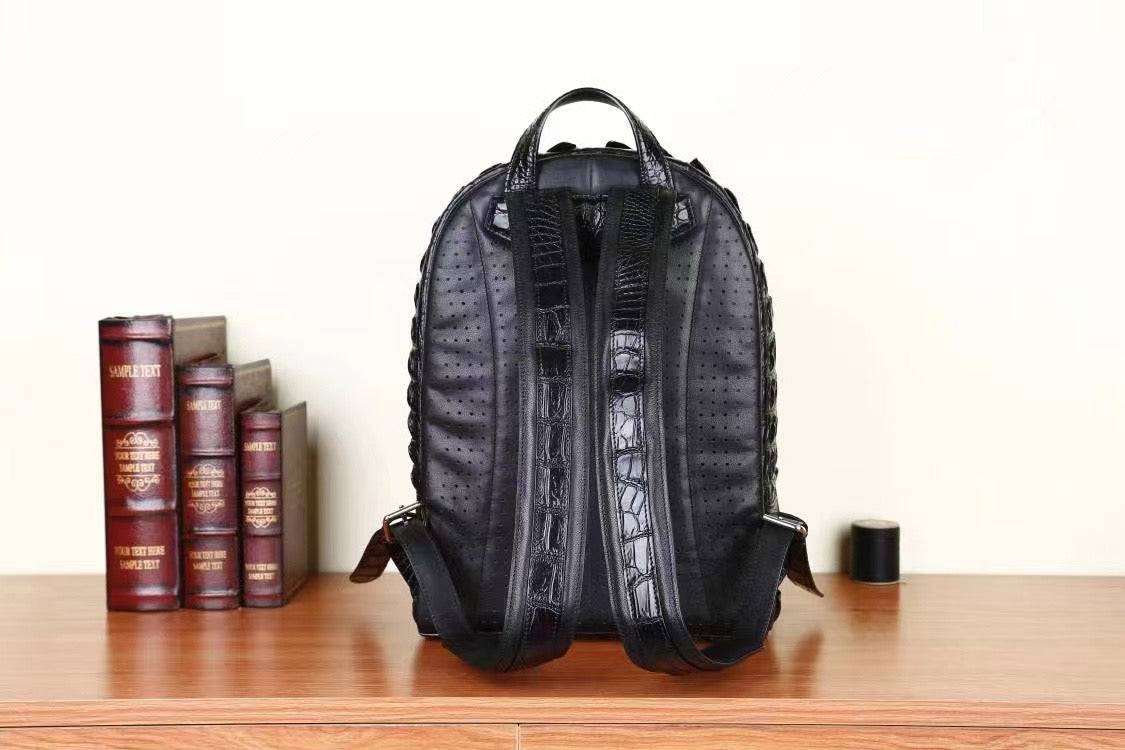 Black genuine crocodile skin leather briefcase with bone accents, designed for business and travel by Rossie Viren.