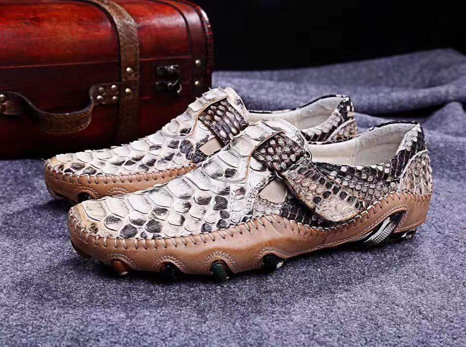 Rossie Viren men's white slip-on loafers made from genuine python leather, stylish crocodile shoes for sophisticated casual wear.