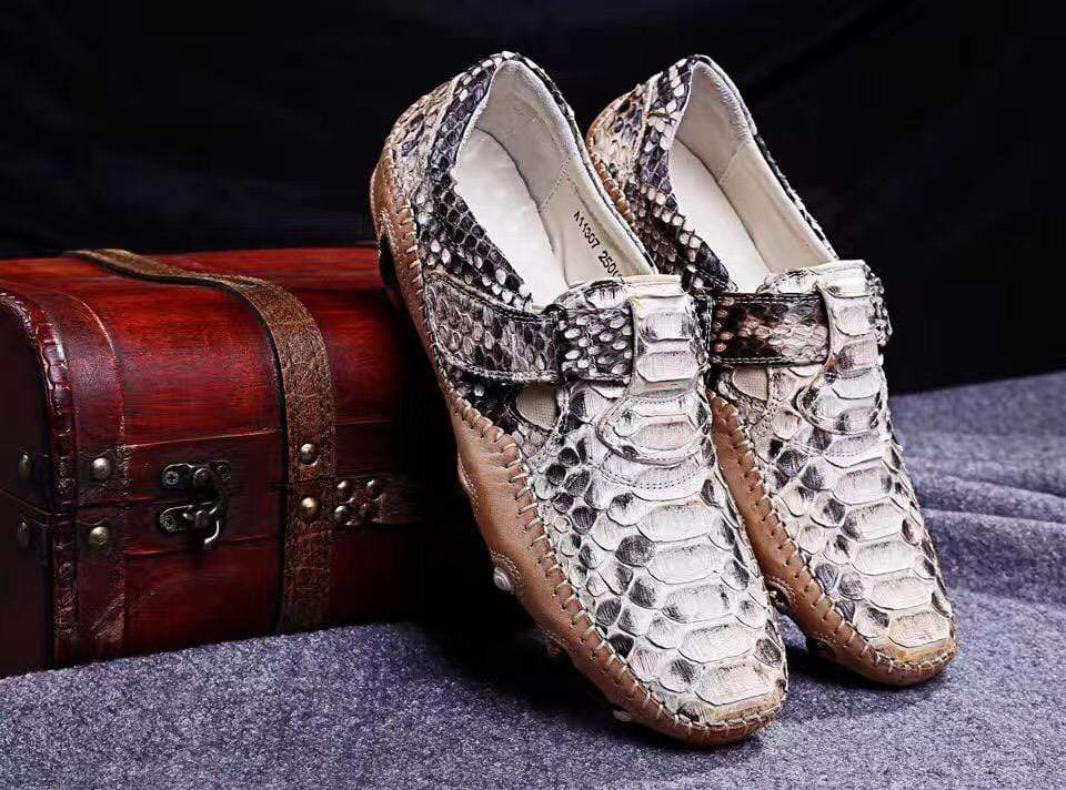 Rossie Viren men's white slip-on loafers made from genuine python leather, stylish and comfortable crocodile shoes.