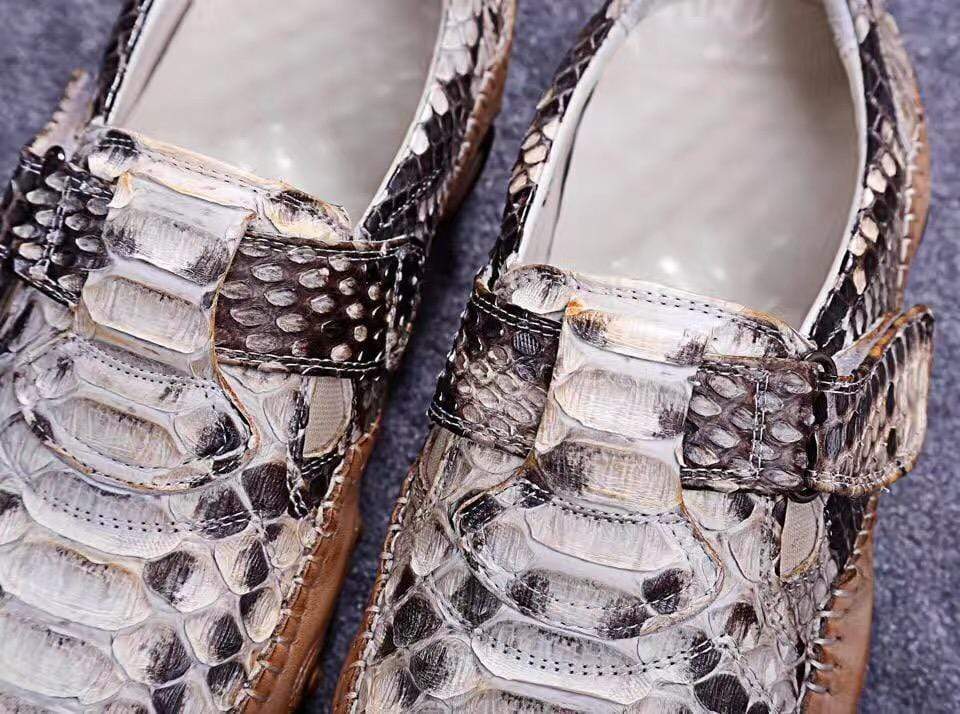 Rossie Viren men's white slip-on loafers made from genuine python leather, showcasing stylish crocodile textured shoes.