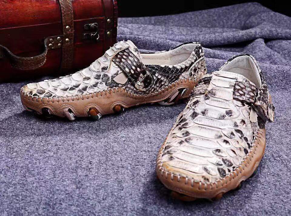 Rossie Viren crocodile genuine python leather men's white slip-on loafer shoes, stylish and luxurious footwear for men.