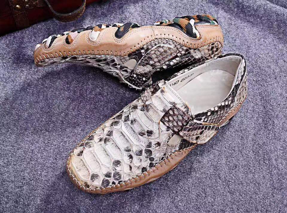 Rossie Viren men's white slip-on loafers made from genuine python leather, stylish crocodile shoes for casual or formal wear.