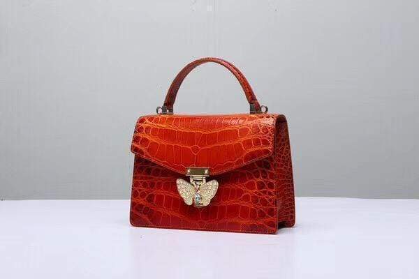 Genuine Crocodile  Leather Top Handle Cross Body Bag Vintage Red
