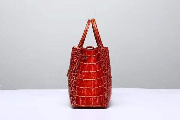 Genuine  Crocodile Leather Top Handle Tote  Shoulder Bag Vintage Orange
