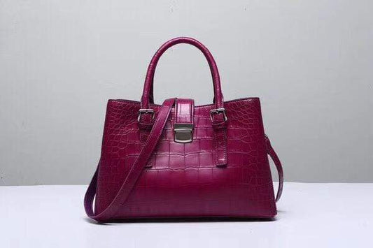 Genuine  Crocodile Leather Top Handle Tote  Shoulder Bag  Wine Red