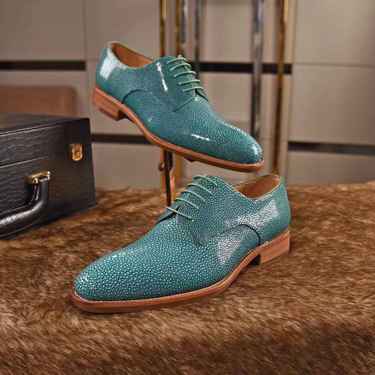 Genuine Pearl Stingray Leather Mens Wingtip Formal Lace up Wedding Office Shoes Green