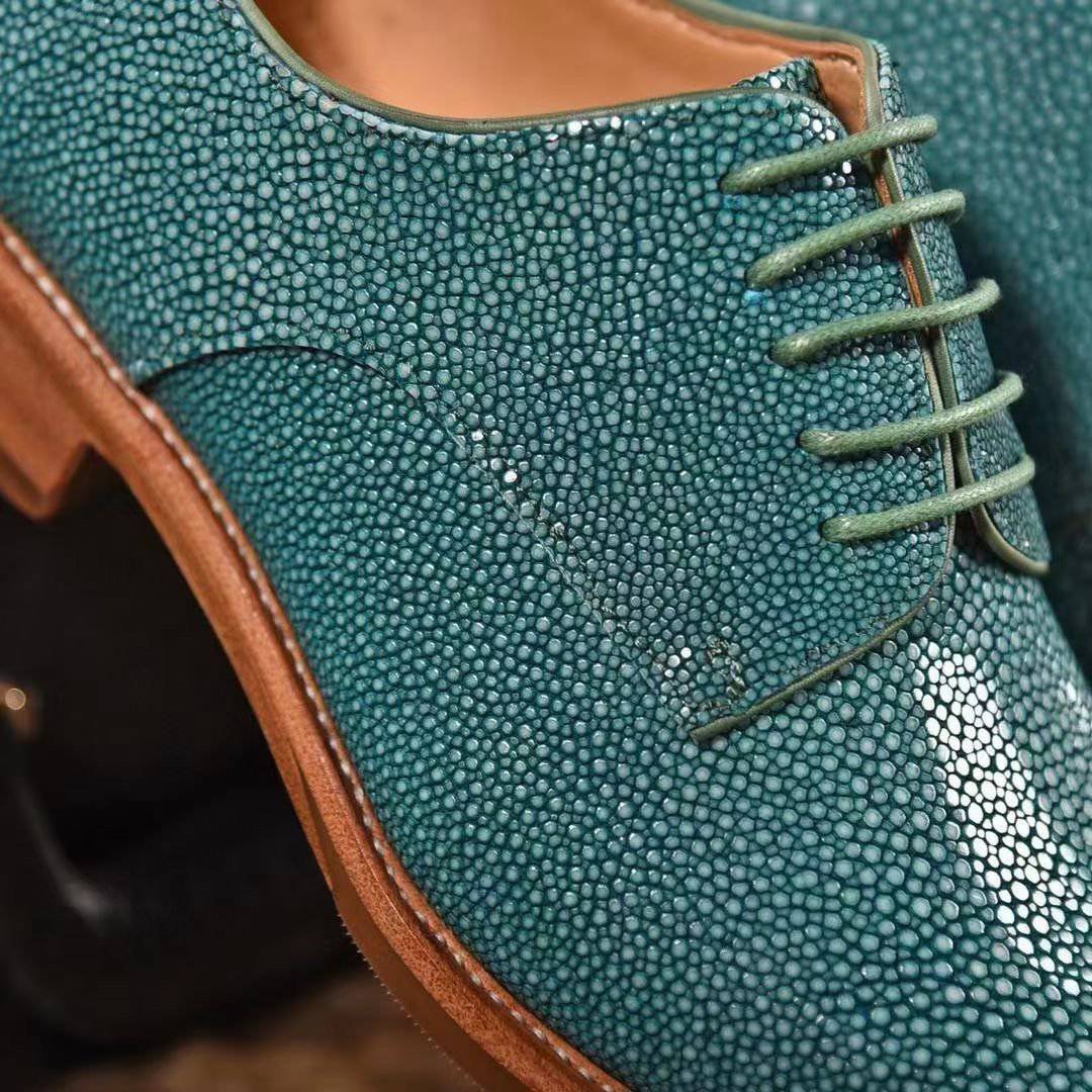 Genuine Pearl Stingray Leather Mens Wingtip Formal Lace up Wedding Office Shoes Green