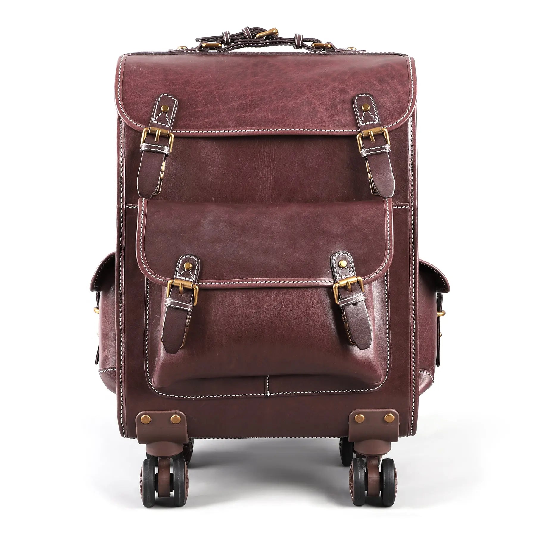 Vintage vegetable-tanned leather rolling suitcase with 23-inch carry-on size, universal wheels, and classic business trolley design.