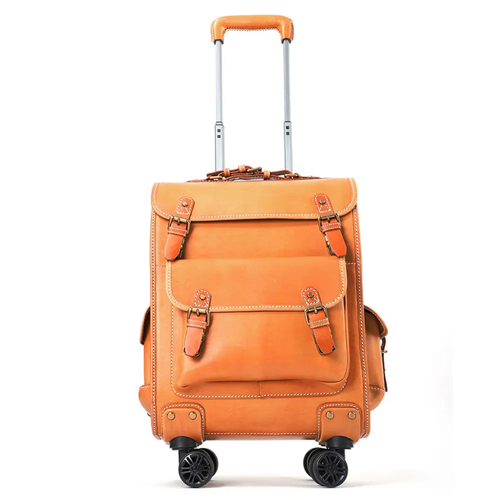 Vintage vegetable-tanned leather rolling business trolley bag with 23-inch check-in size and universal wheels by Rossie Viren.