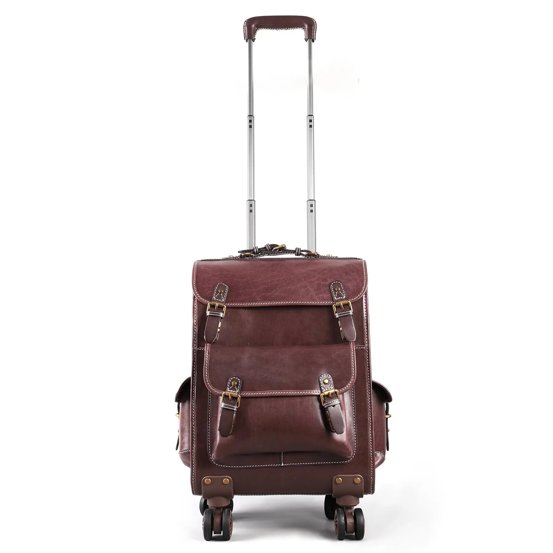 Vintage vegetable-tanned leather rolling suitcase by Rossie Viren with 23-inch carry-on size and universal wheel, suitable for business travel.
