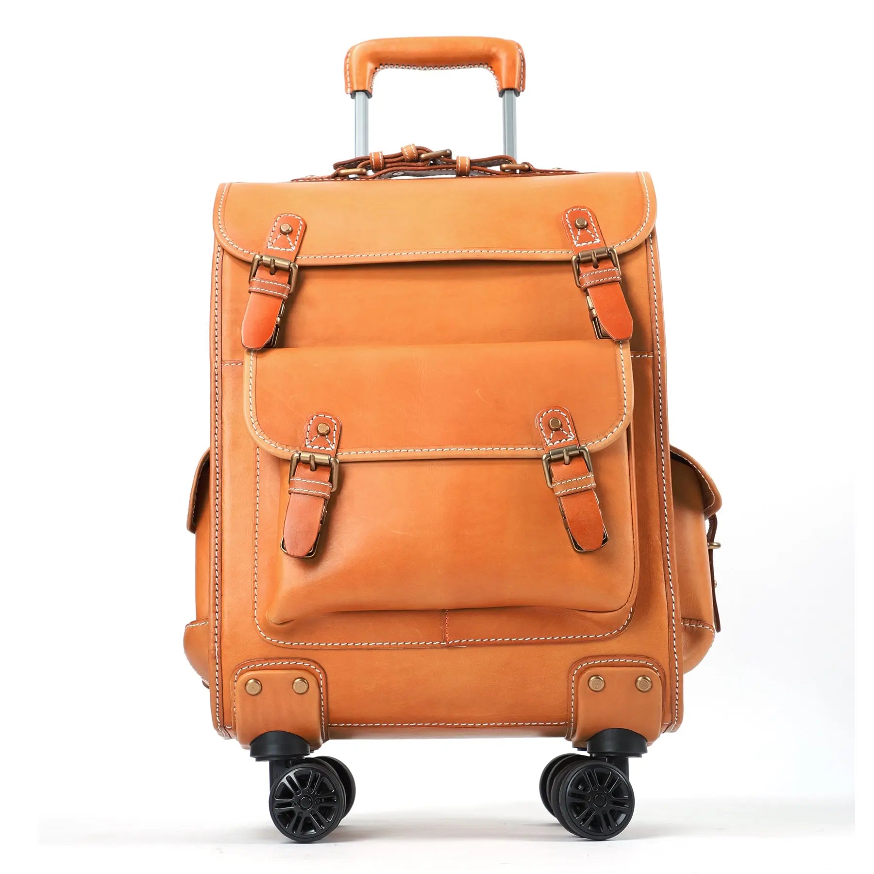 Vintage vegetable-tanned leather rolling suitcase with 23-inch size, universal wheels, and sturdy leather handle for business travel.