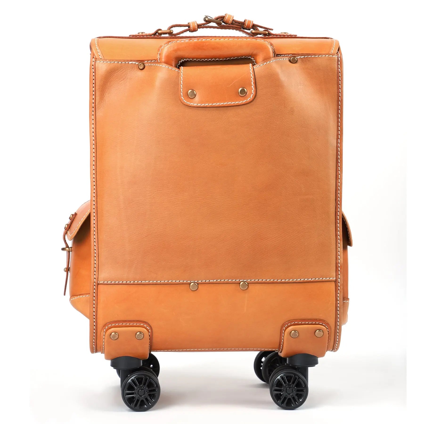 Leather vintage check-in carry-on rolling suitcase with universal wheels, 23 inches, by Rossie Viren, durable vegetable-tanned leather trolley bag.