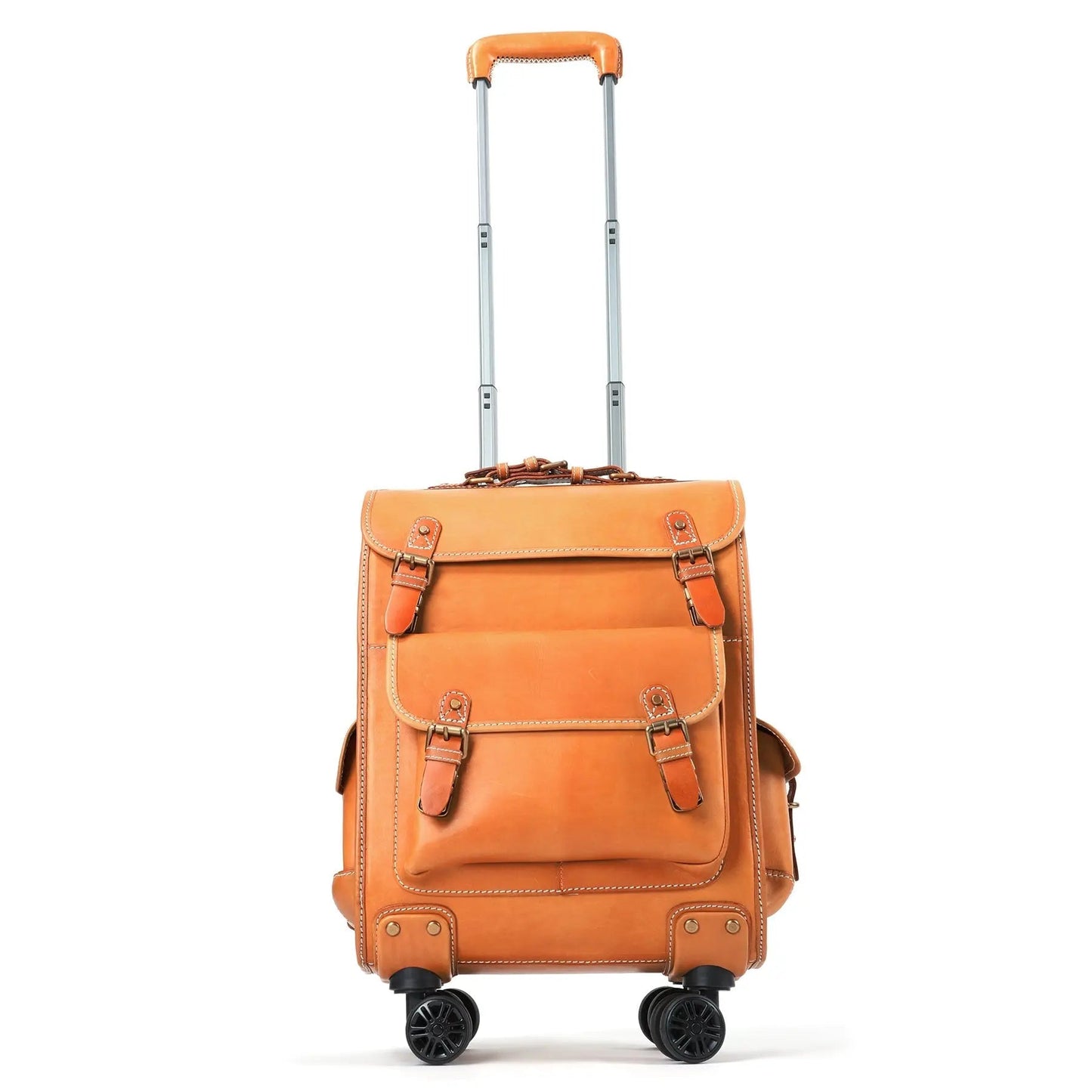 Rossie Viren vintage vegetable-tanned leather rolling suitcase with universal wheels and 23-inch carry-on size.