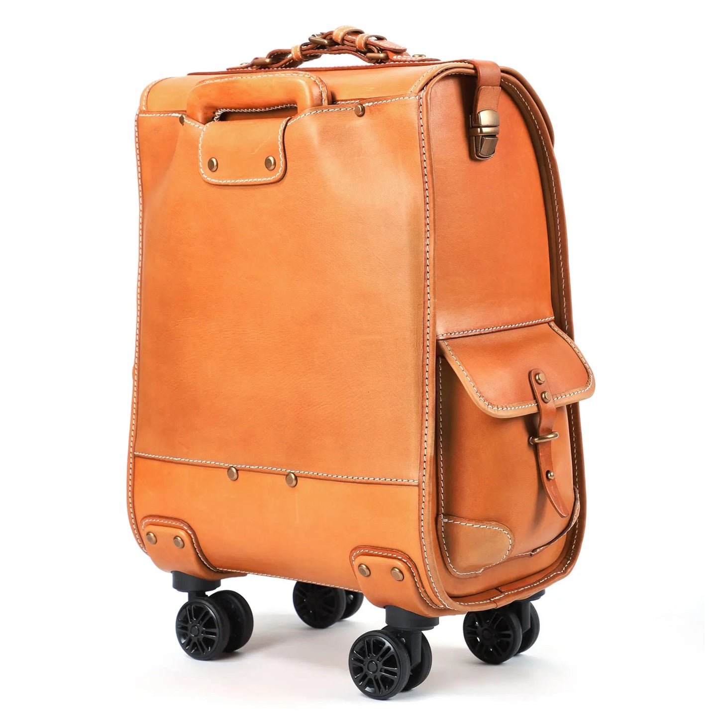 Rossie Viren vintage vegetable-tanned leather check-in carry-on rolling suitcase with universal wheels, 23-inch business trolley bag.