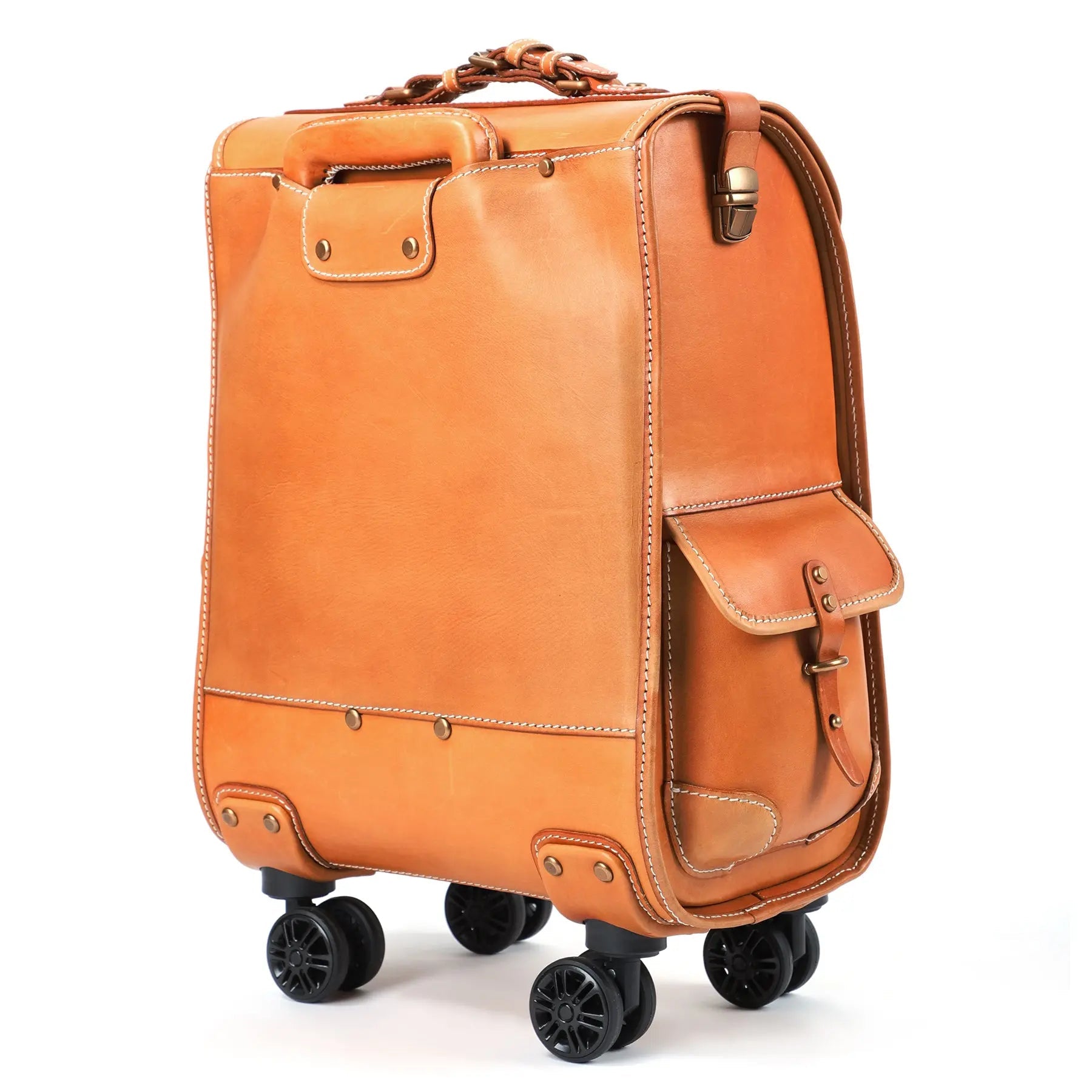 Rossie Viren vintage vegetable-tanned leather check-in carry-on rolling suitcase with universal wheels, 23-inch business trolley bag.