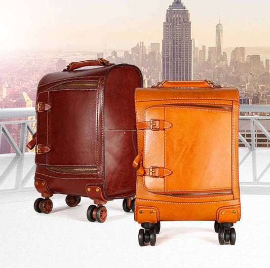 Unisex Genuine Vintage Vegetable Tanned Leather Check-In Carry On Business Rolling Bag Rotate Universal Wheel 20 Inch Travelling Trolley Luggage Business Trolley Bag