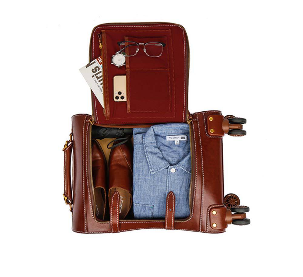 Unisex Genuine Vintage Vegetable Tanned Leather Check-In Carry On Business Rolling Bag Rotate Universal Wheel 20 Inch Travelling Trolley Luggage Business Trolley Bag