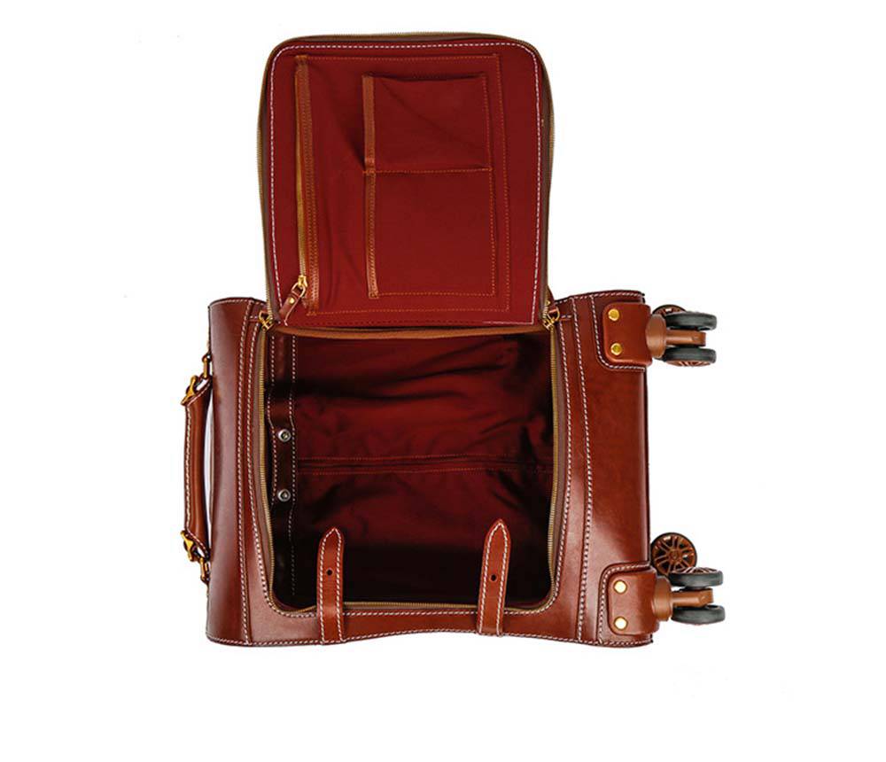 Unisex Genuine Vintage Vegetable Tanned Leather Check-In Carry On Business Rolling Bag Rotate Universal Wheel 20 Inch Travelling Trolley Luggage Business Trolley Bag