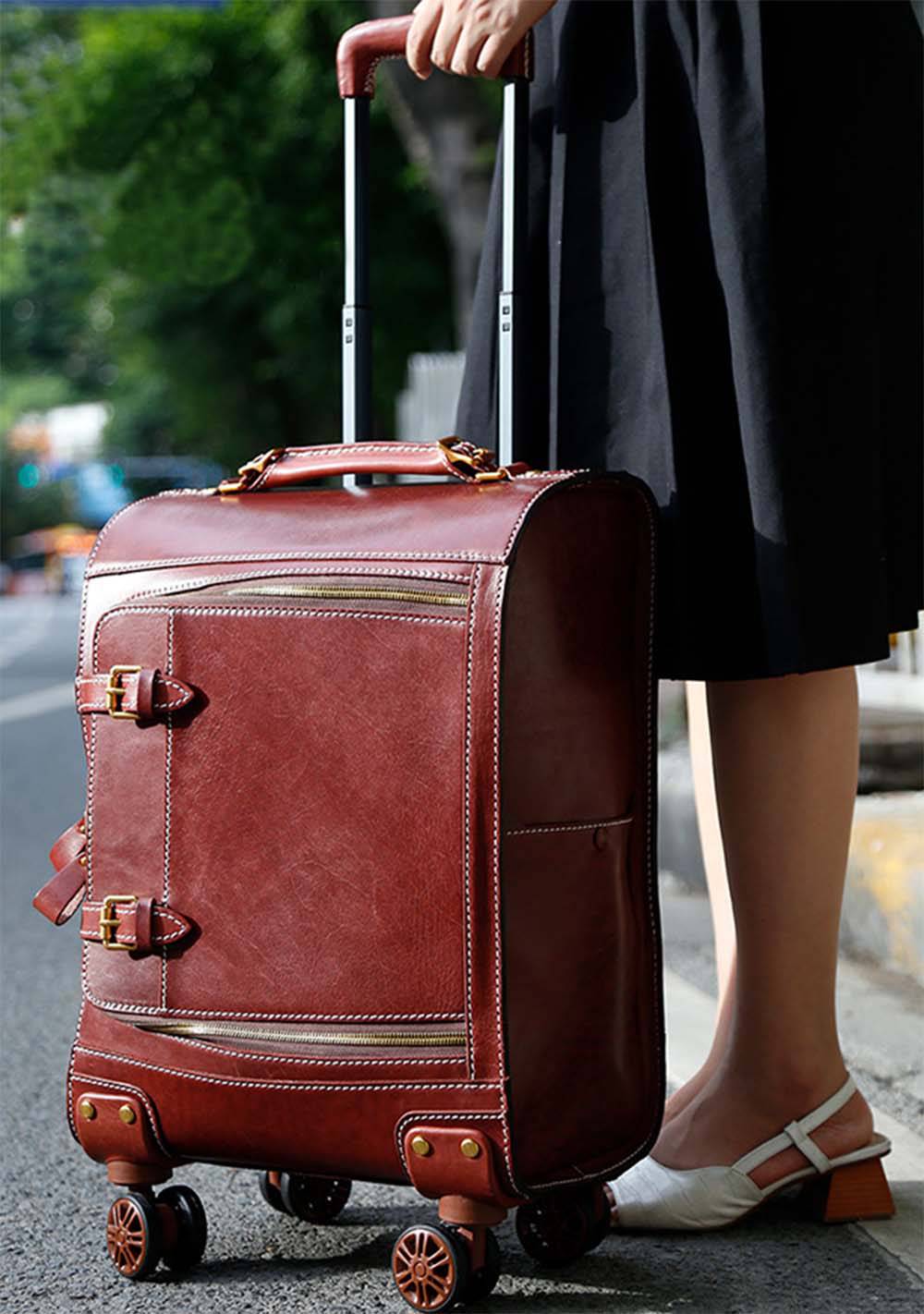 Unisex Genuine Vintage Vegetable Tanned Leather Check-In Carry On Business Rolling Bag Rotate Universal Wheel 20 Inch Travelling Trolley Luggage Business Trolley Bag