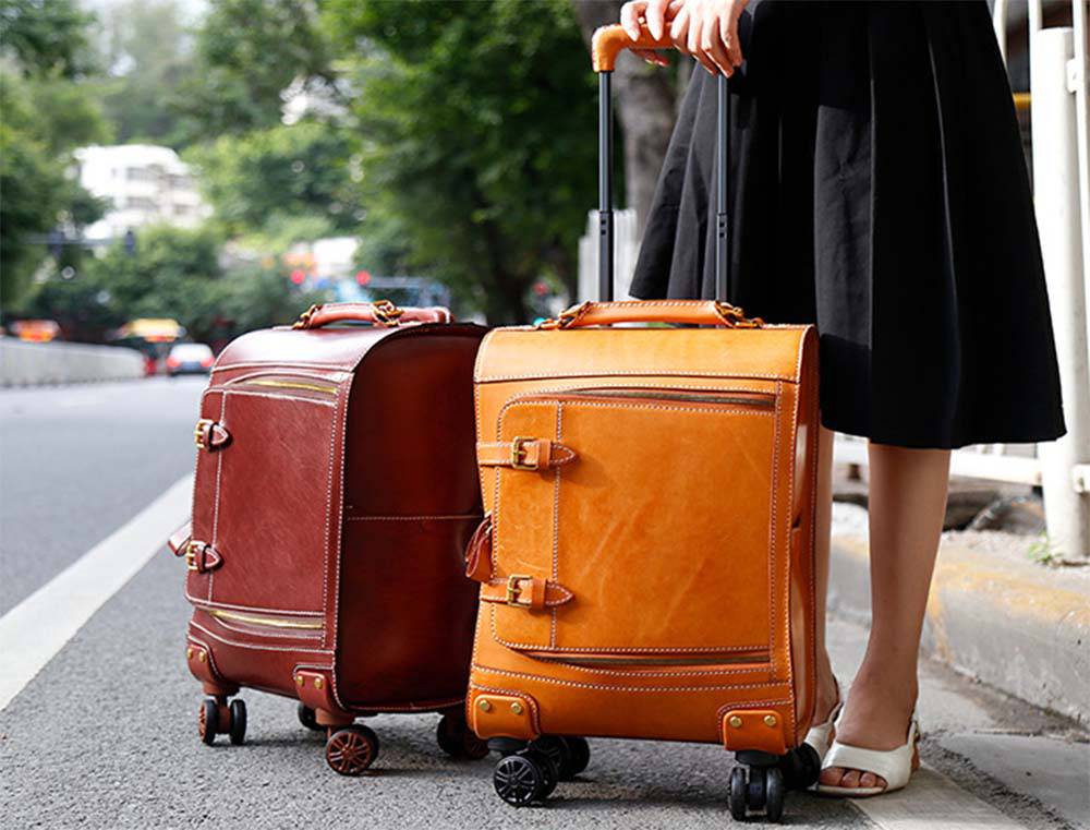 Unisex Genuine Vintage Vegetable Tanned Leather Check-In Carry On Business Rolling Bag Rotate Universal Wheel 20 Inch Travelling Trolley Luggage Business Trolley Bag