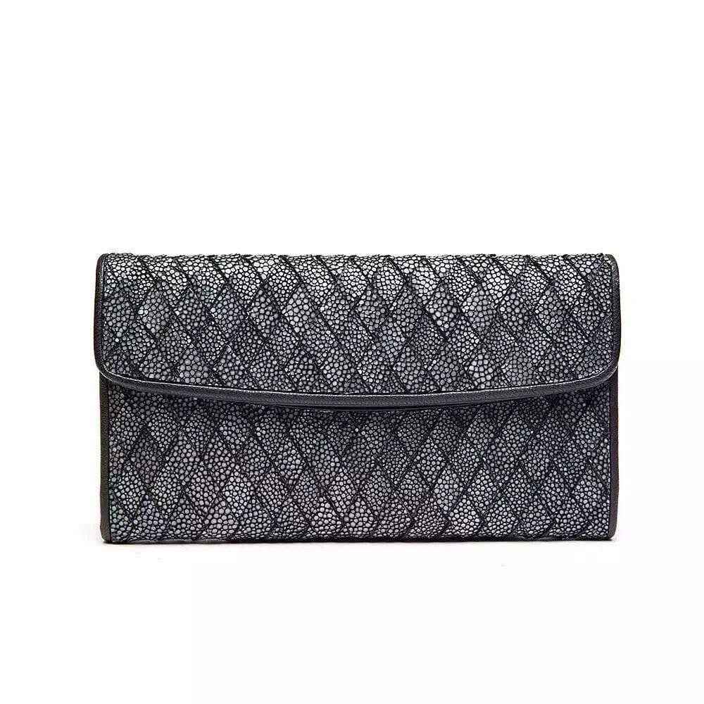 GenuinePearl Stingray leather large flap wallet for women by Rossie Viren, featuring textured stingray skin and a spacious design.