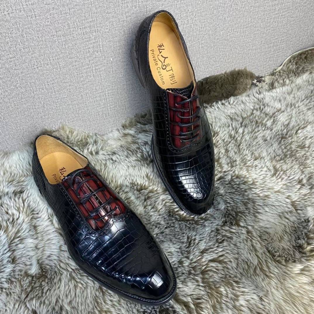 Handmade crocodile leather shoes by Rossie Viren featuring vintage two-tone design, classic lace-up style, and leather lining.