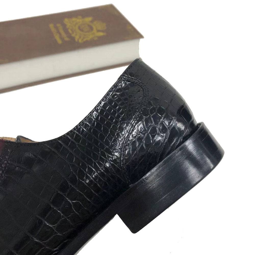 Handmade crocodile leather shoes by Rossie Viren featuring a vintage two-tone design and classic lace-up style with leather lining.