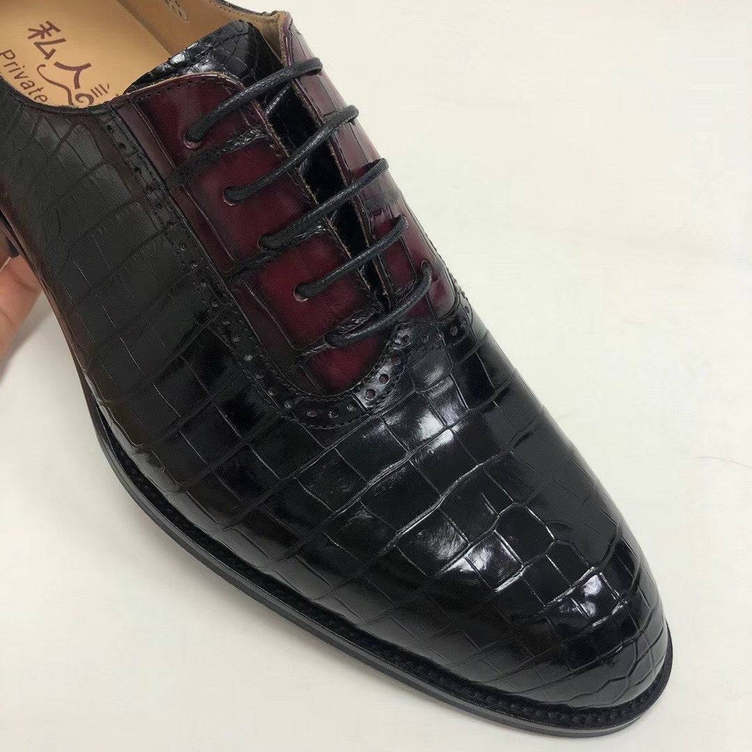 Rossie Viren handmade crocodile leather shoes with vintage two-tone design, classic lace-up style, and leather lining.