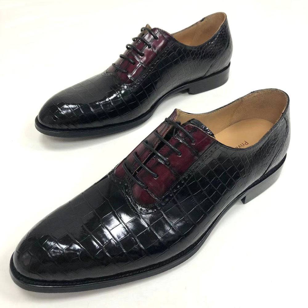 Rossie Viren handmade crocodile leather vintage two-tone lace-up shoes with leather lining, classic style, and detailed craftsmanship.