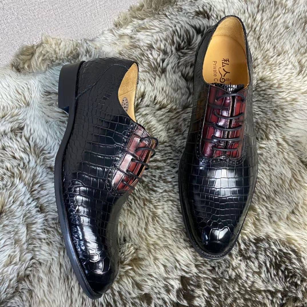 Handmade crocodile leather vintage two-tone lace-up shoes by Rossie Viren with leather lining and classic design.