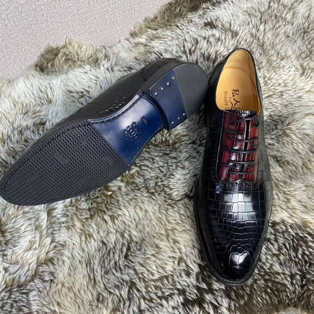 Rossie Viren handmade crocodile leather shoes with vintage two-tone design, classic lace-up style, and leather lining.