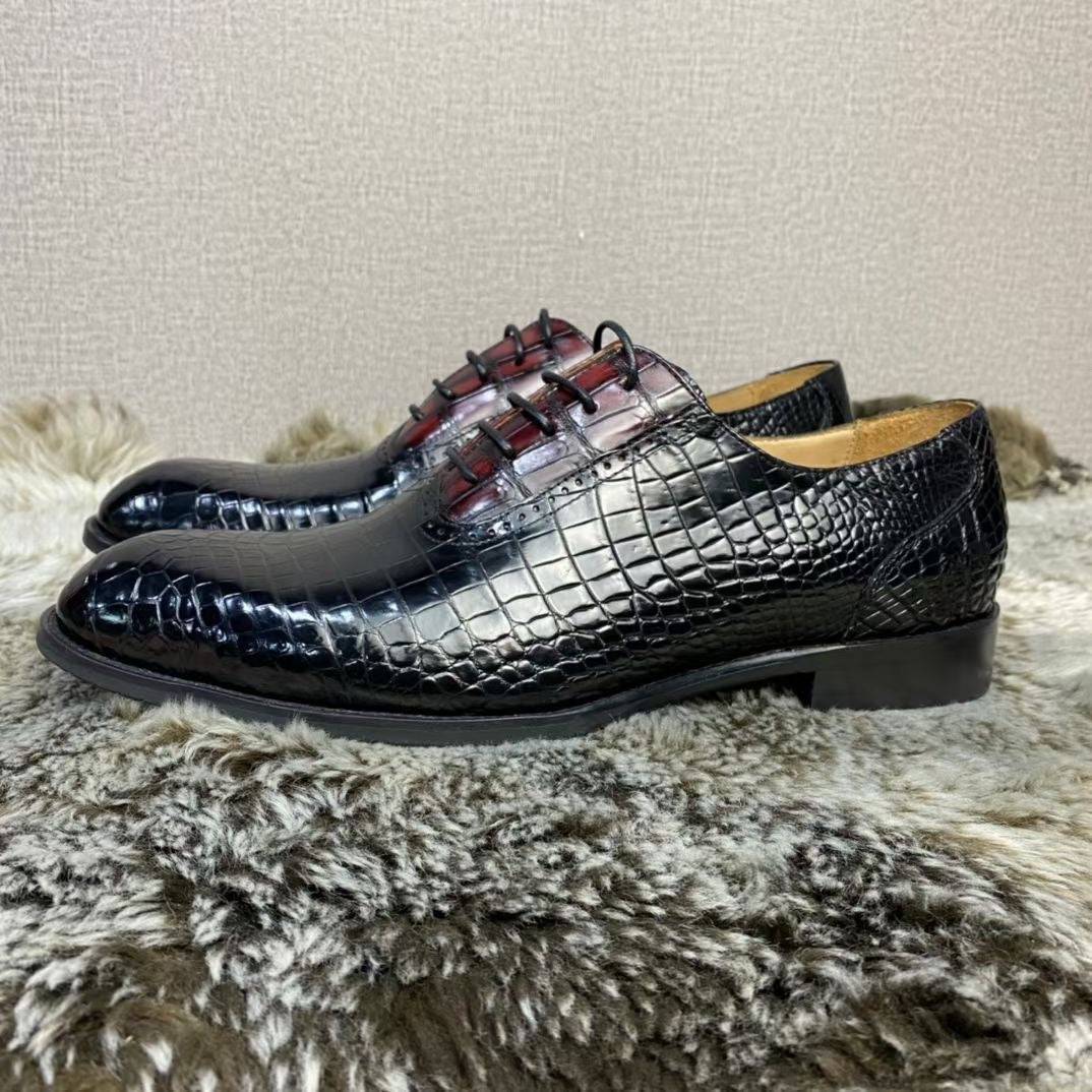Handmade Rossie Viren crocodile leather vintage two-tone lace-up shoes with leather lining, classic style, and detailed craftsmanship.
