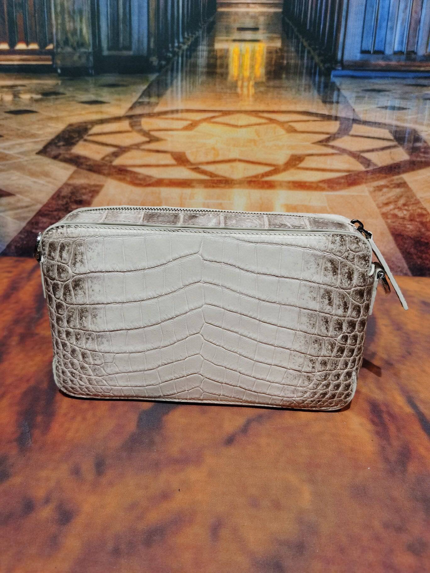 Rossie Viren Himalaya White genuine crocodile leather shoulder and crossbody clutch bag with stylish design and textured crocodile skin.