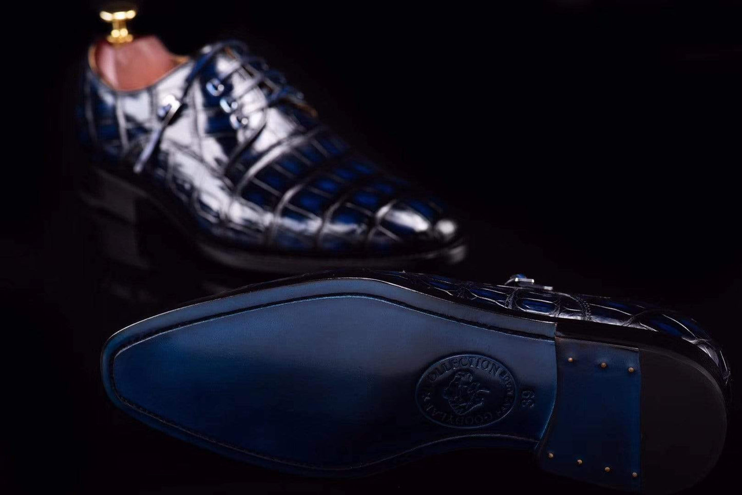 Preorder Lace-Up Shoes In Dark Blue Crocodile Skin Leather