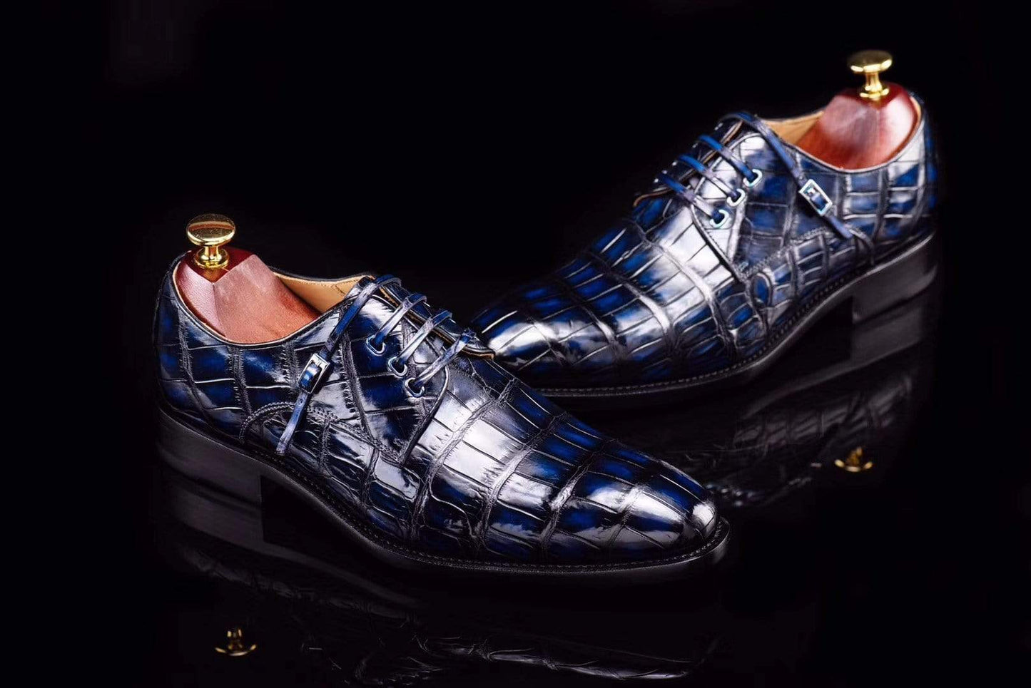 Preorder Lace-Up Shoes In Dark Blue Crocodile Skin Leather