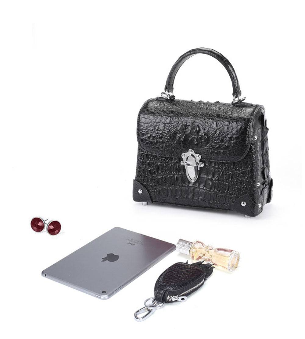 Ladies top-handle bag by Rossie Viren in genuine crocodile leather, featuring a cross-body messenger style and elegant design.