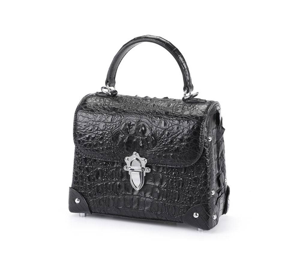 Rossie Viren ladies top-handle handbag in genuine crocodile leather with a crossbody messenger design, featuring a sleek, structured look.