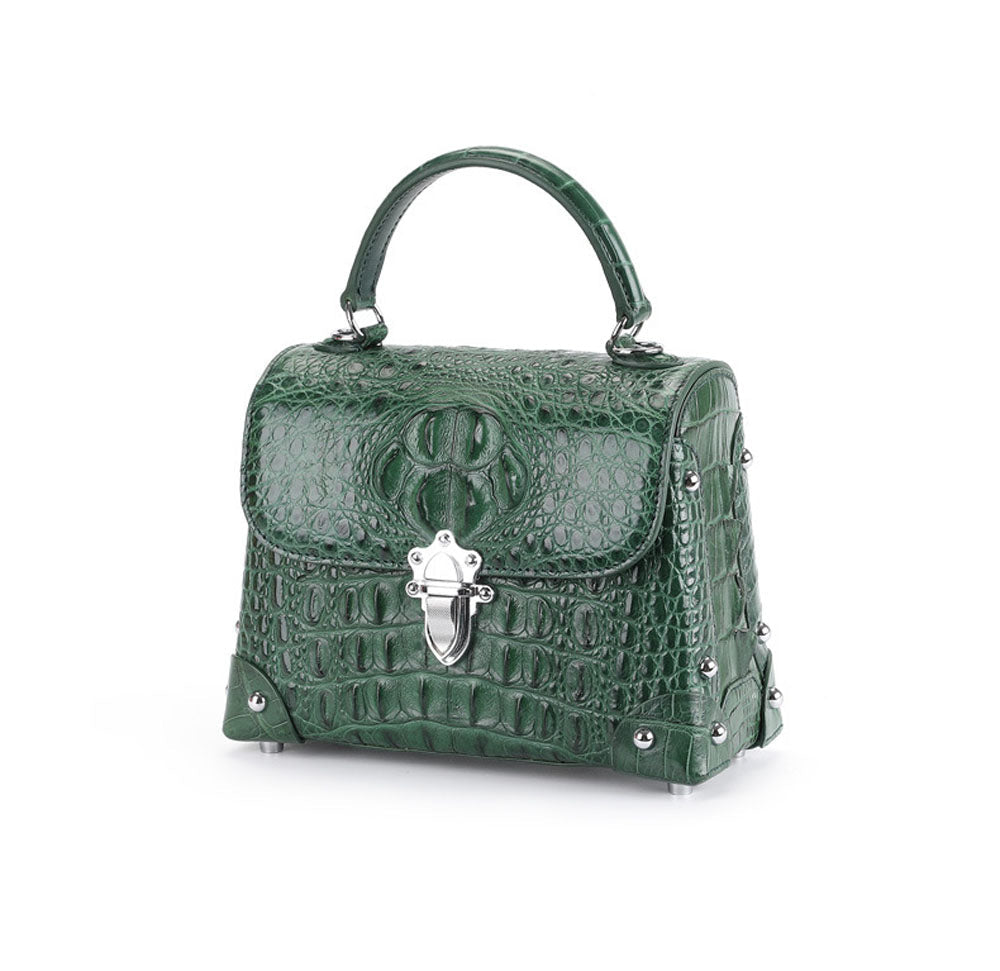 Rossie Viren ladies top-handle handbag in genuine crocodile leather with crossbody strap and messenger bag style.