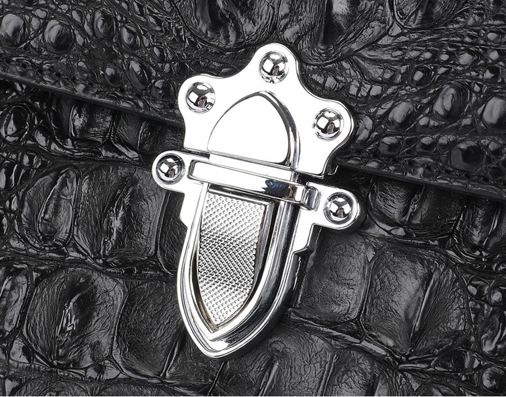 Rossie Viren ladies top-handle handbag in genuine crocodile leather with a crossbody messenger style, featuring a sleek and elegant design.
