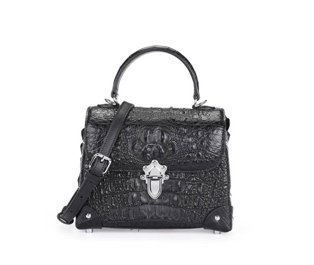 Rossie Viren ladies top-handle handbag in genuine crocodile leather with a crossbody messenger style, showcasing elegant craftsmanship.