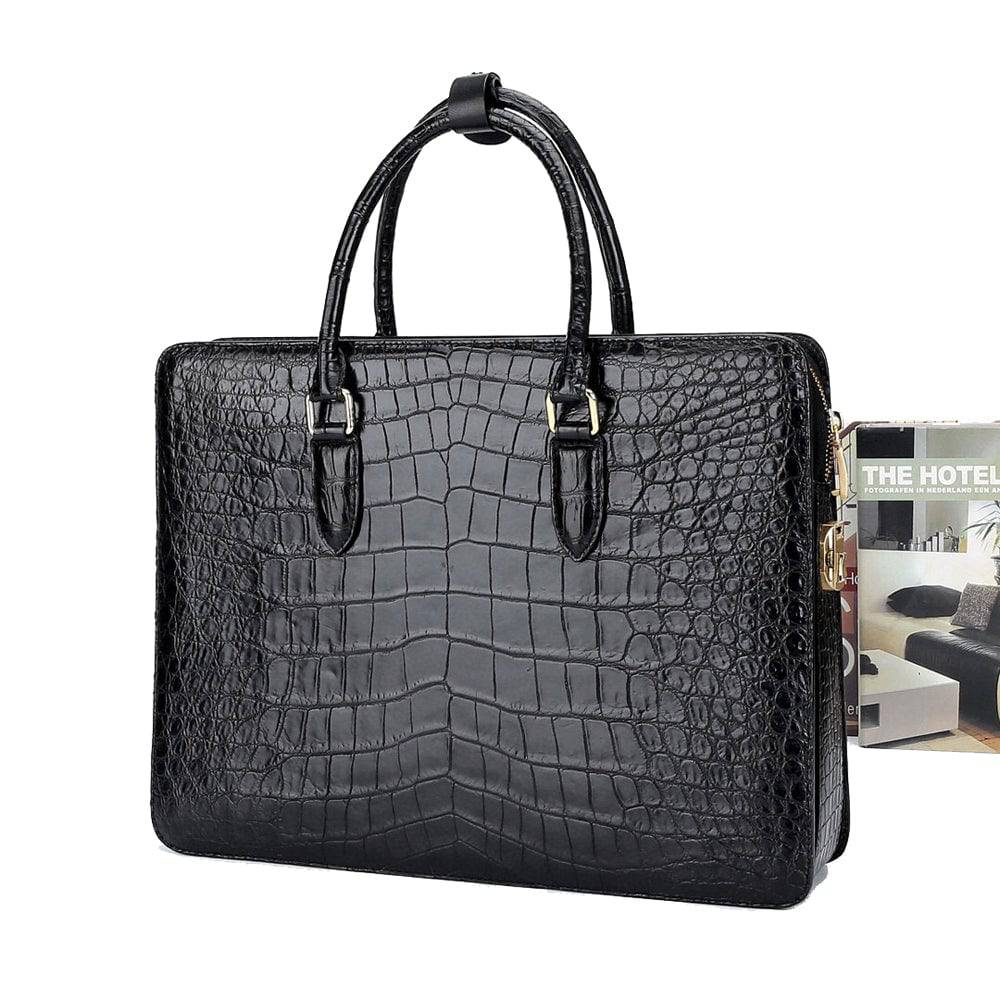 Large crocodile leather Rossie Viren briefcase with laptop compartment and secure password code lock, designed for business use.