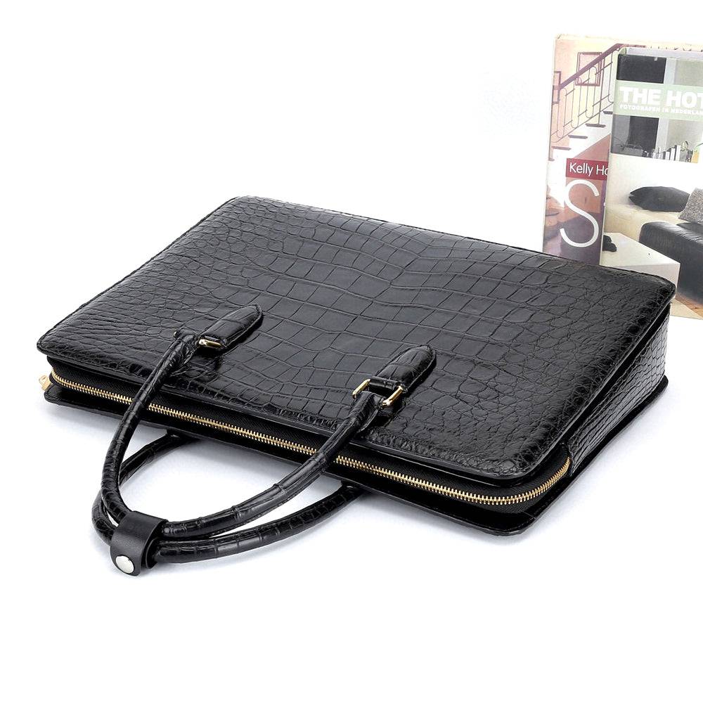 Large Rossie Viren crocodile leather laptop briefcase with password code lock, featuring a textured crocodile pattern and sturdy handle.