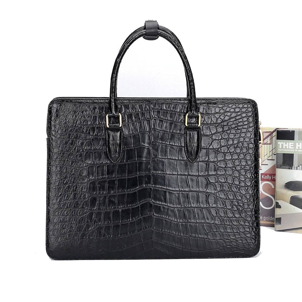 Large Rossie Viren crocodile leather laptop briefcase with password lock, featuring a spacious design and elegant crocodile texture.
