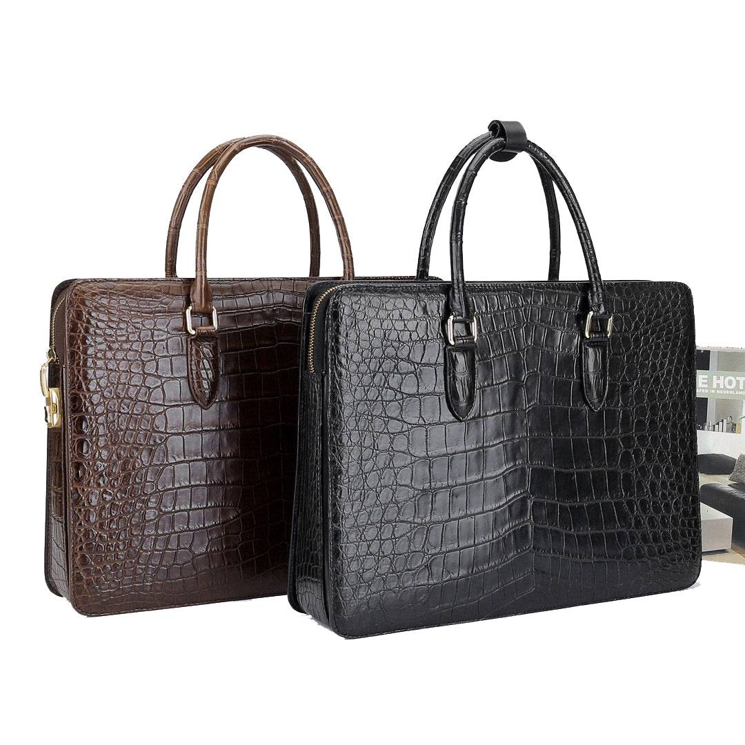 Large crocodile leather Rossie Viren briefcase with laptop compartment and secure password code lock, designed for business use.