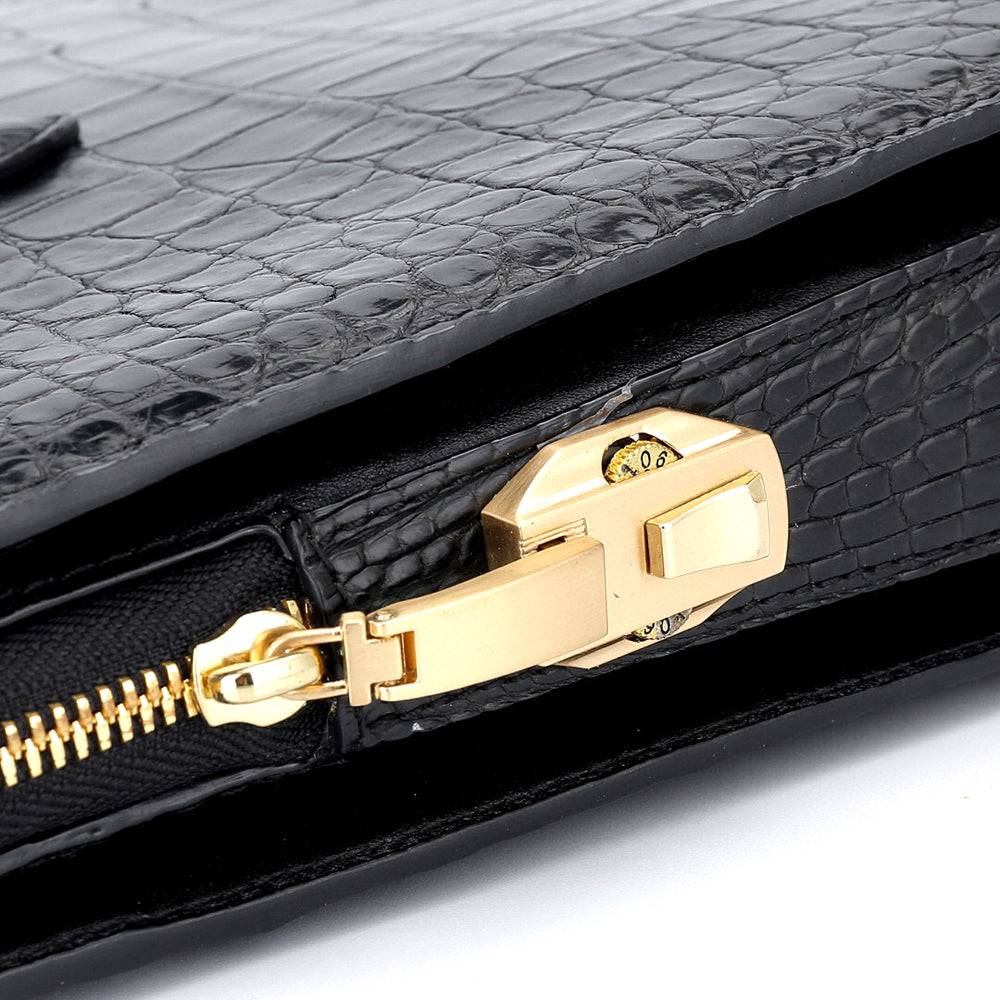 Large crocodile leather Rossie Viren briefcase with laptop compartment and secure password code lock, stylish and professional.