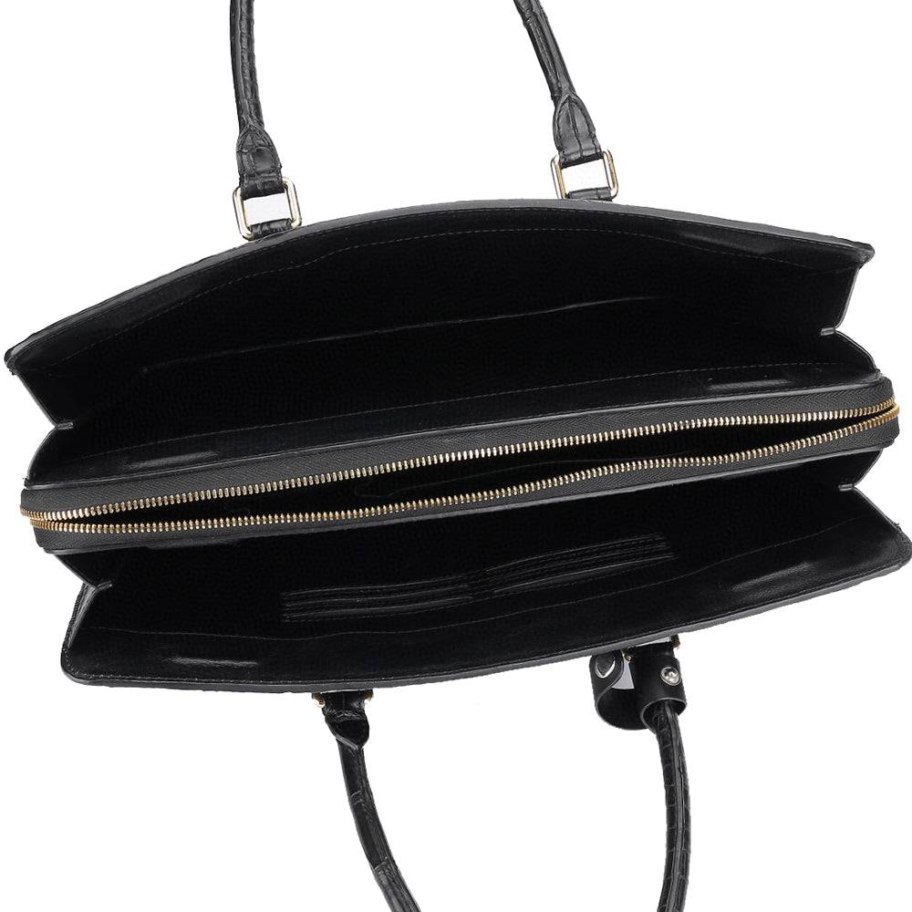 Large crocodile leather Rossie Viren briefcase with password lock, designed for laptops and business use.