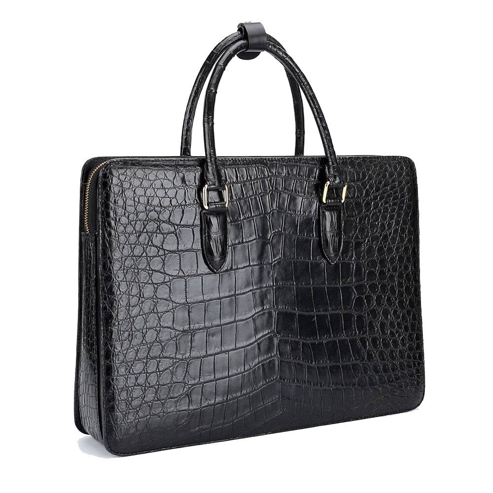 Large crocodile leather Rossie Viren briefcase with a password code lock, designed for laptops and business use.