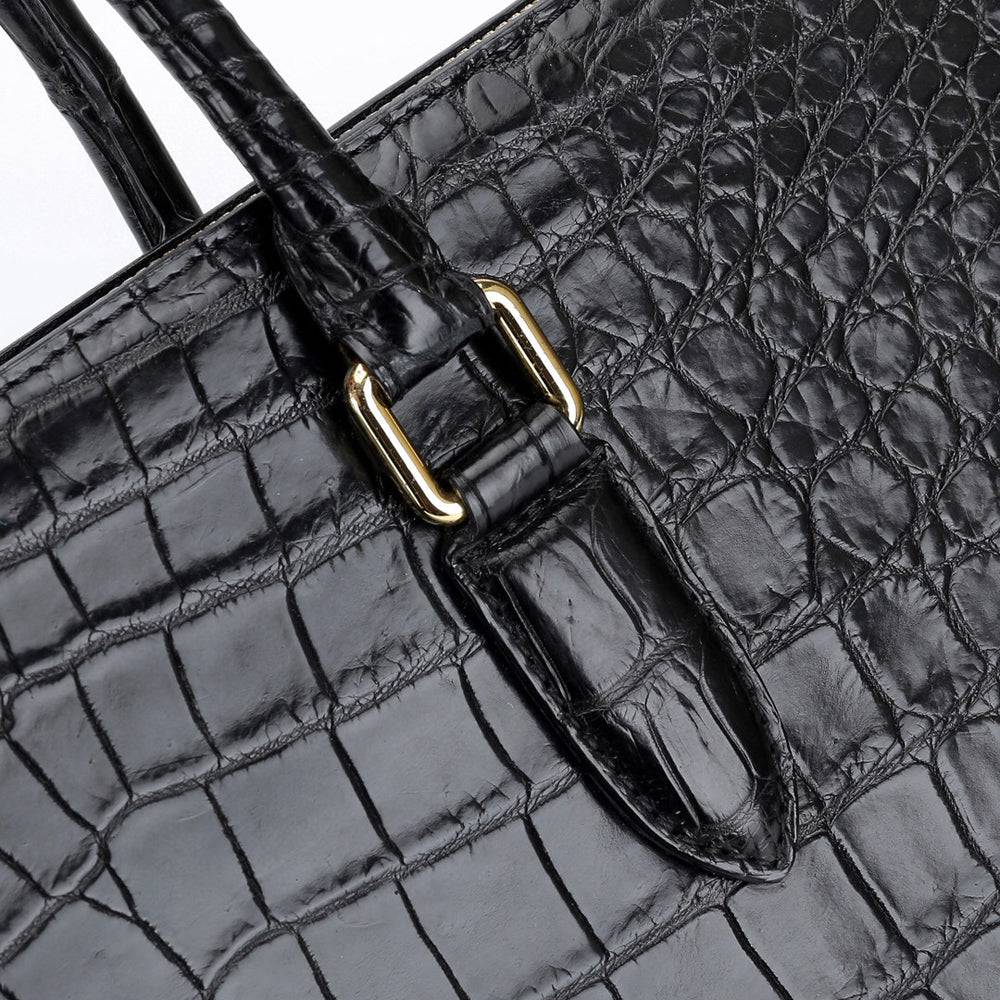 Large crocodile leather Rossie Viren briefcase with laptop compartment and secure password code lock, ideal for business use.